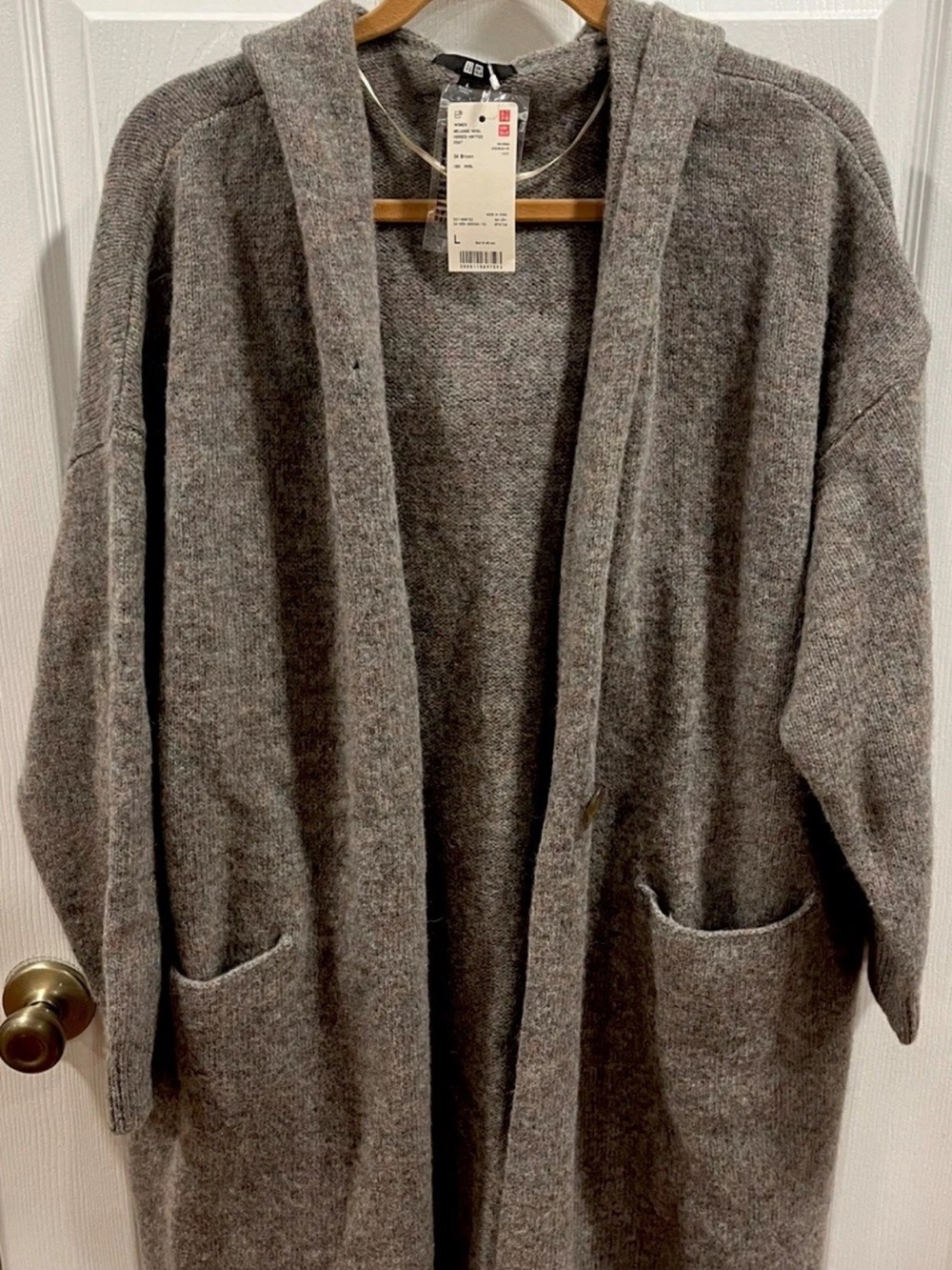 NWT Uniqlo Melange Wool Hooded Knit Coat Cardigan Sweater L Brown 100% Wool